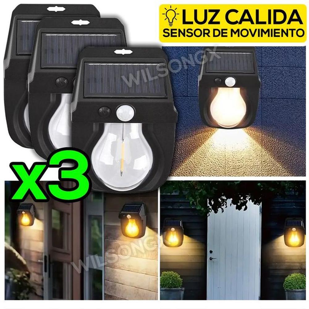 Combo 3 Lámpara Foco Luz Led Solar con Sensor Movimiento Recargable