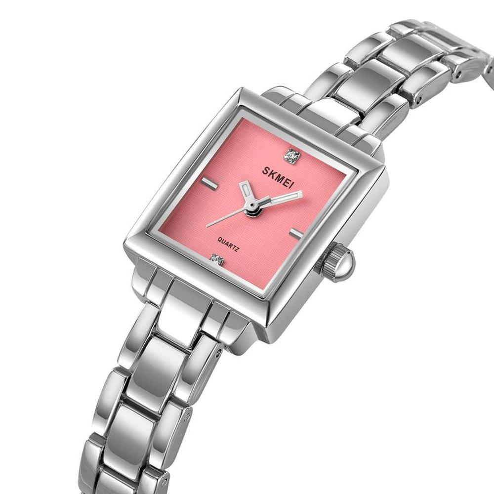 RELOJ SKMEI 2315 PLATEADO FONDO ROSADO CORREA ACERO PARA DAMA
