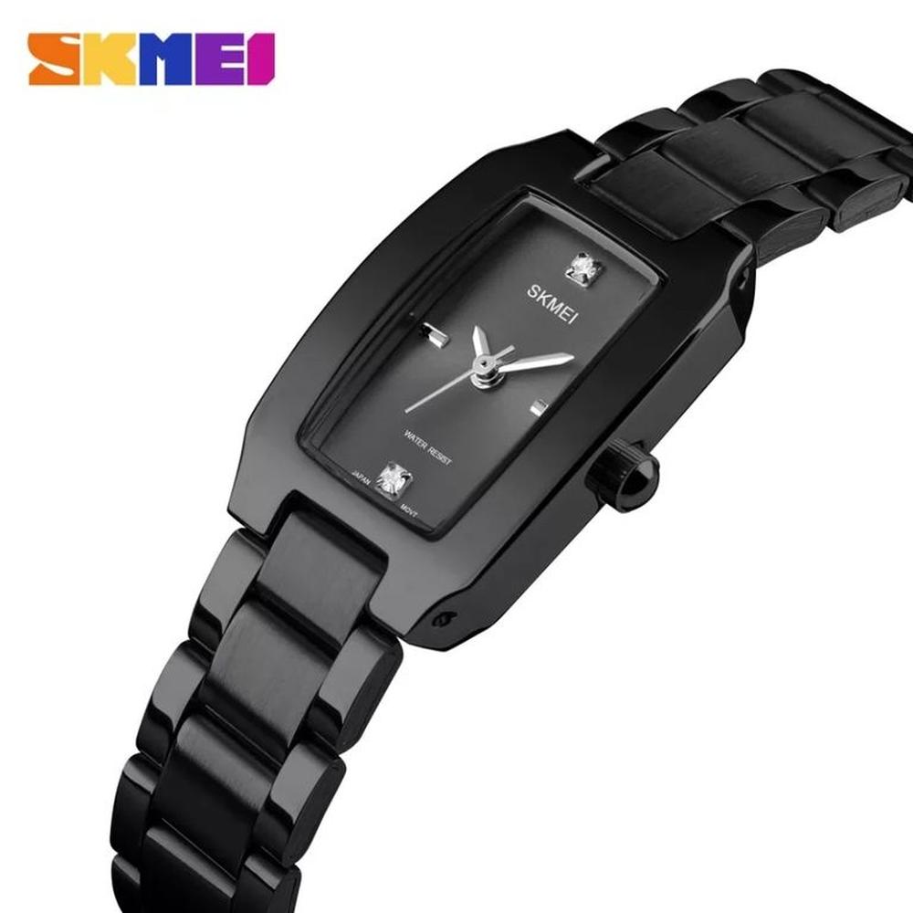 RELOJ SKMEI 1400 NEGRO CORREA ACERO PARA MUJER.