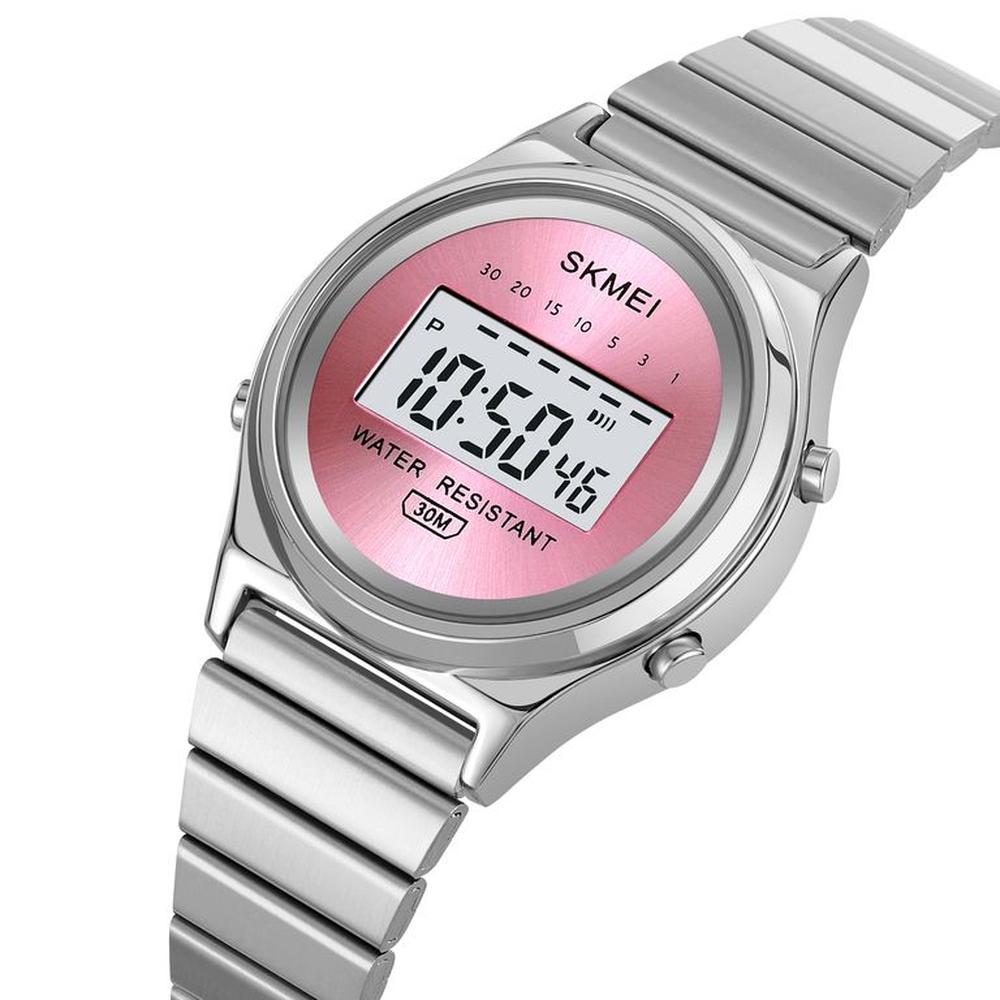 Reloj Skmei 2521 Digital Plateado Fondo Rosado Correa Acero