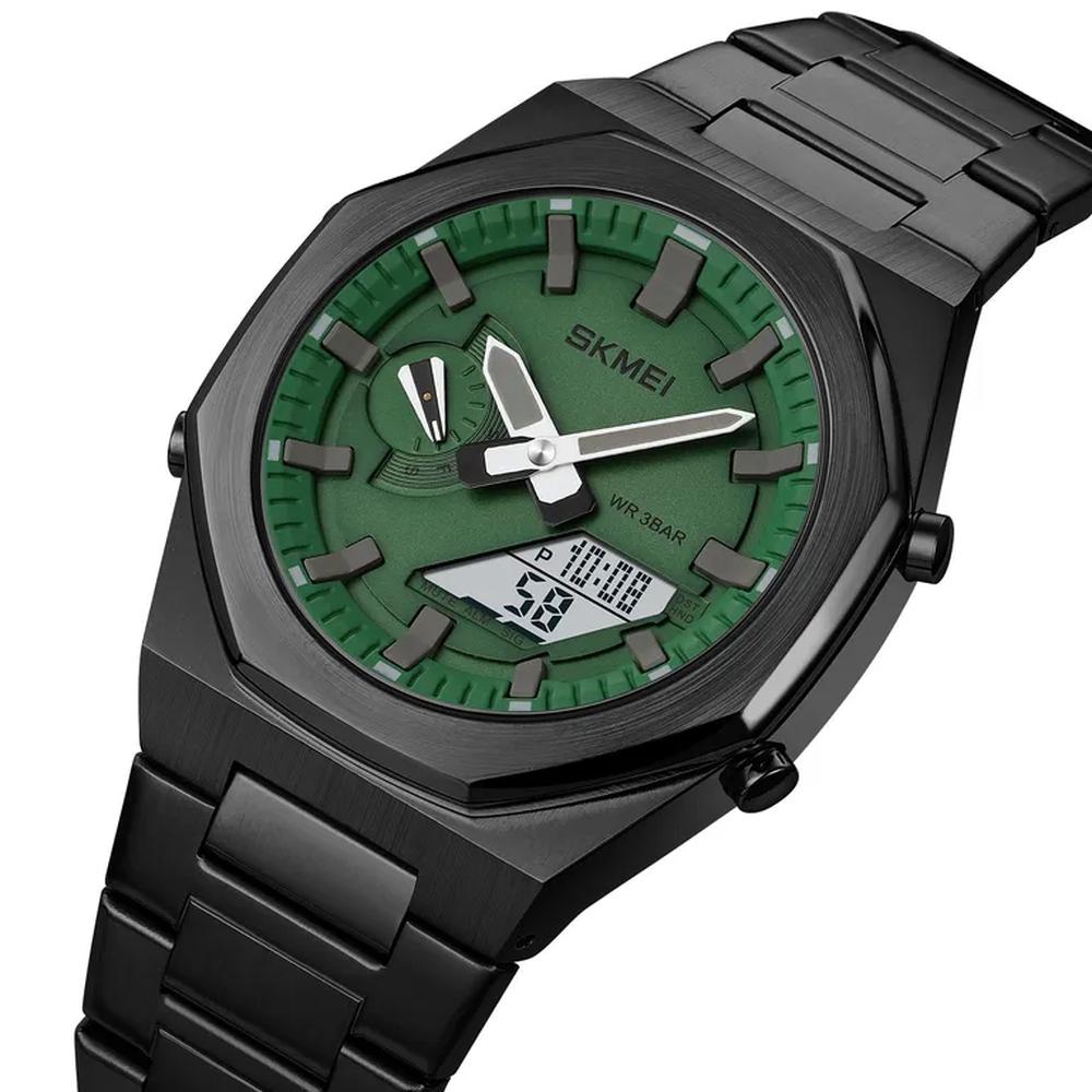 Reloj Skmei 1816 Negro Fondo verde Hora Mundial.