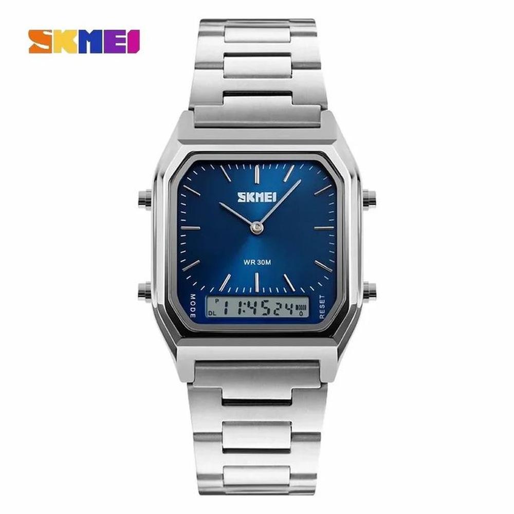 Reloj Skmei 1220 Plateado Fondo Azul Digital Analogico.