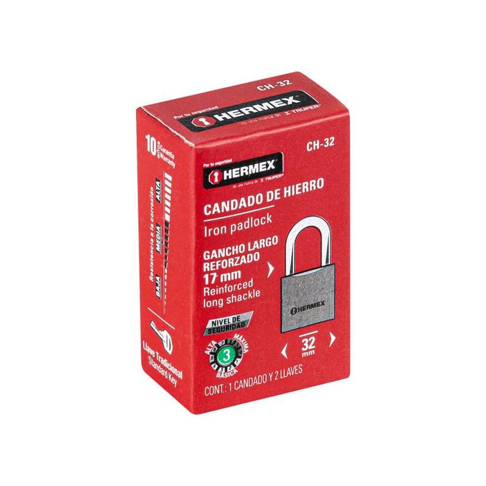 Candado de hierro 32 mm arco normal en caja Hermex - 43791 Gris