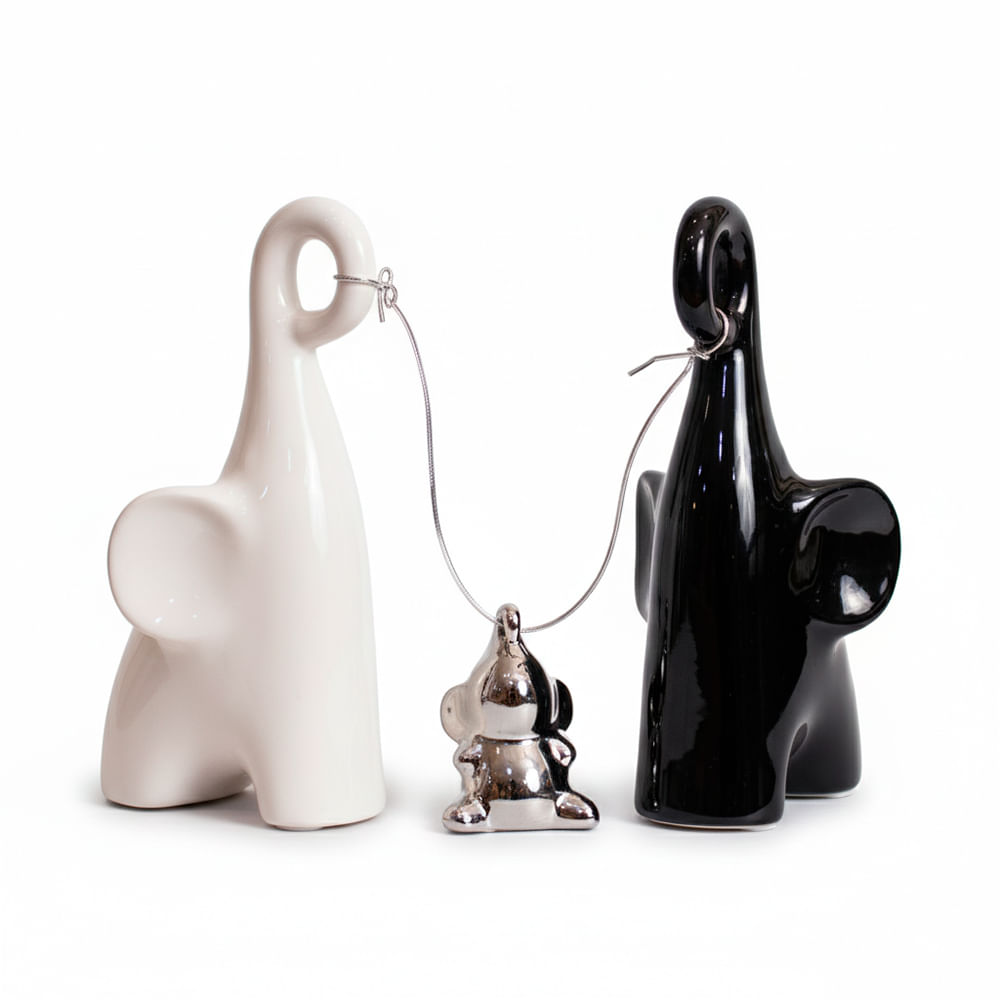 Familia de Elefantes Decorativos Blanco y Negro 20CM Porcelana