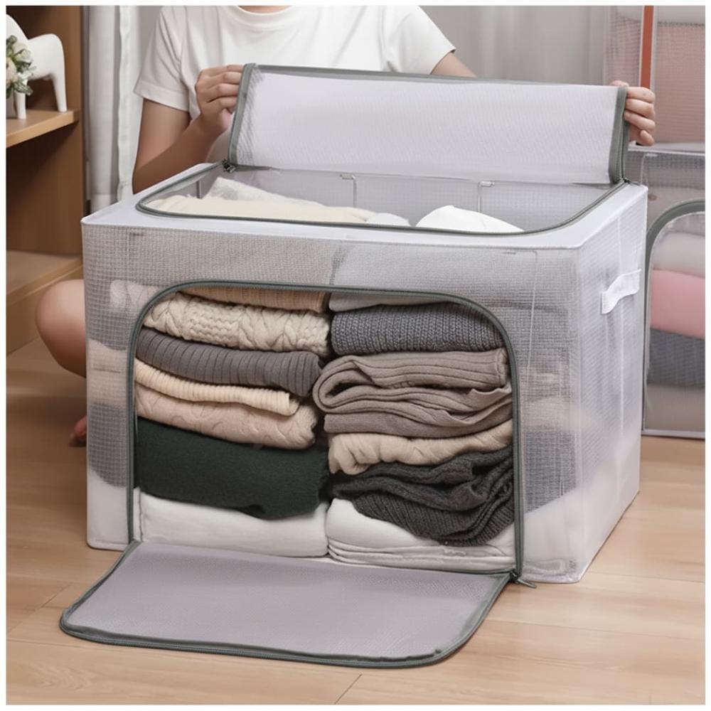 Caja Organizadora de Ropa Plegable Impermeable y Transparente 66L Gris
