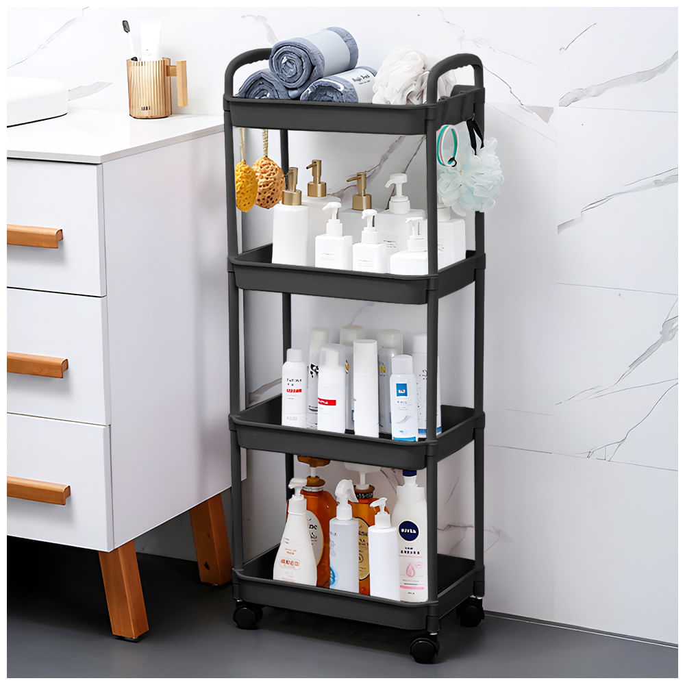 Carrito Organizador 4 Niveles con Ruedas y Colgadores para Baño Negro C78