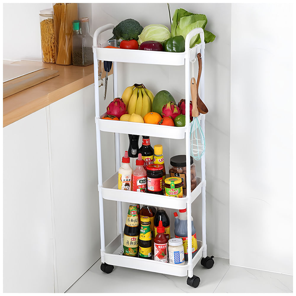 Carrito Organizador 4 Niveles con Ruedas y Colgadores para Cocina Blanco C78