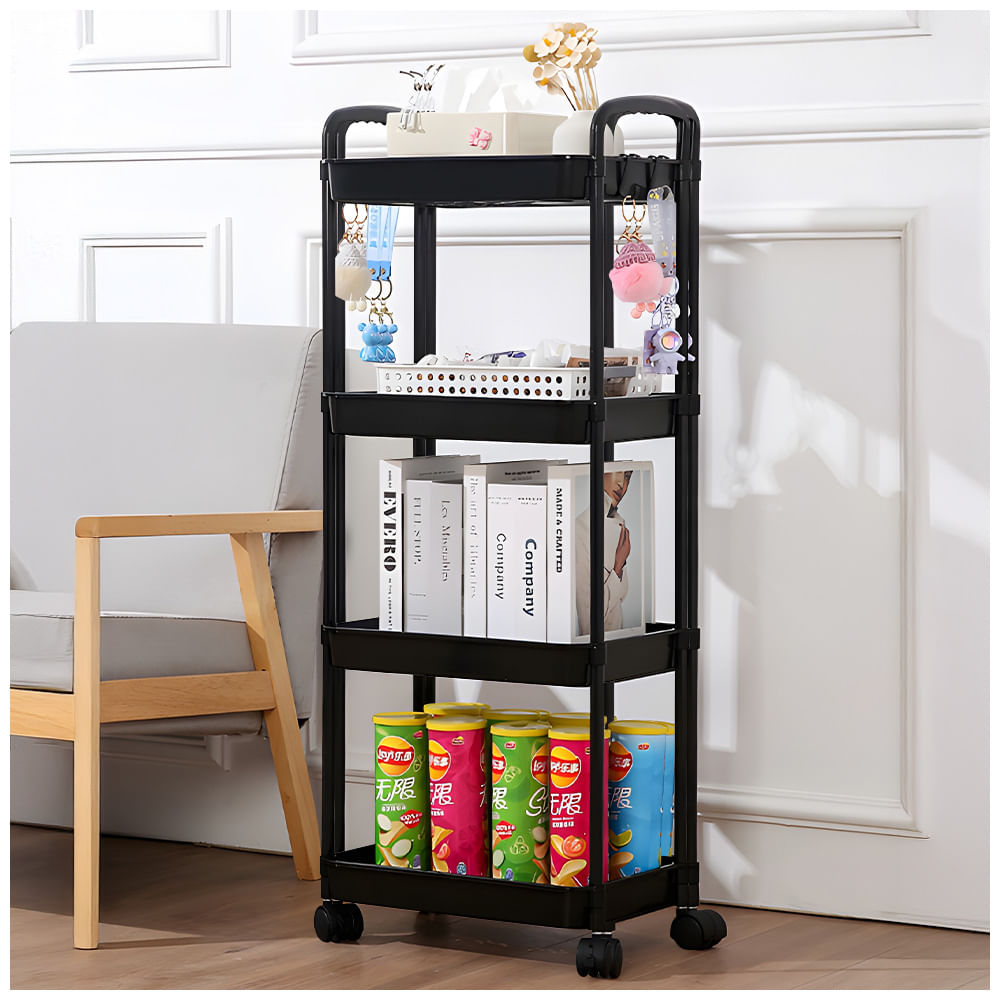 Carrito Organizador 4 Niveles con Ruedas y Colgadores para Dormitorio Negro C78