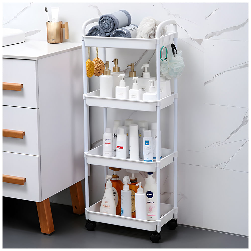 Carrito Organizador 4 Niveles con Ruedas y Colgadores para Baño Blanco C78