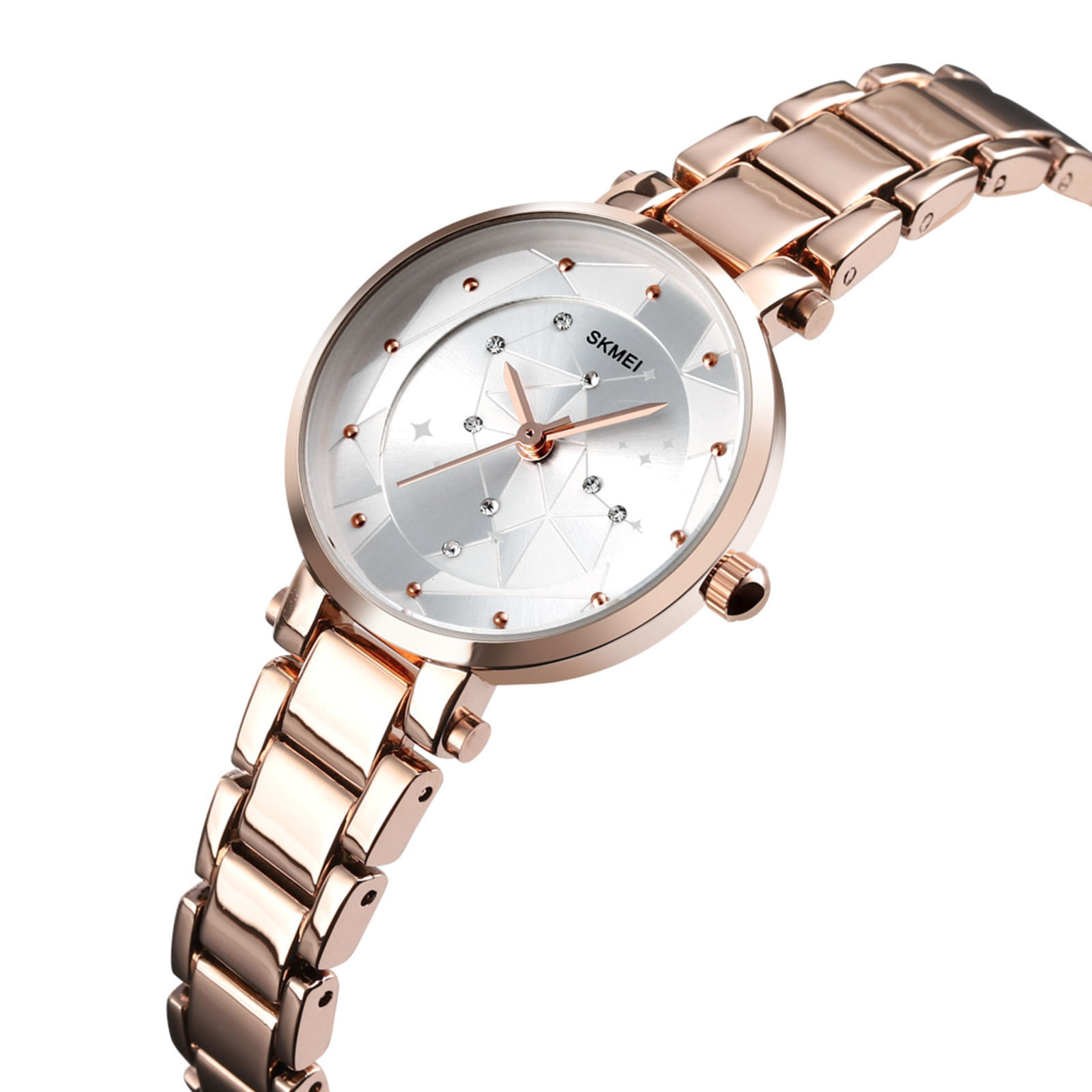 RELOJ SKMEI 1411 ORO ROSA CONSTELACION CORREA ACERO PARA MUJER.