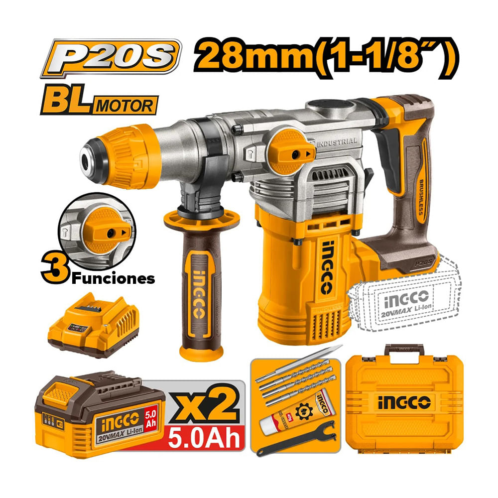 ROTOMARTILLO BRUSHLESS INGCO 20V 4.5J SDS PLUS 2 BATERÍAS 5.0AH CRHLI202885