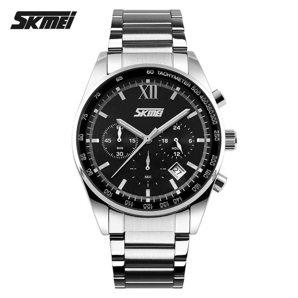 Reloj Skmei 9096 Plateado fondo Negro Cronómetro