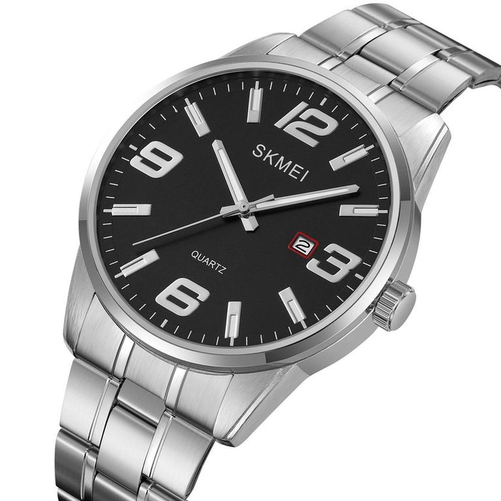 Reloj Skmei 2087 Plateado Fondo NEGRO Fecha analógo