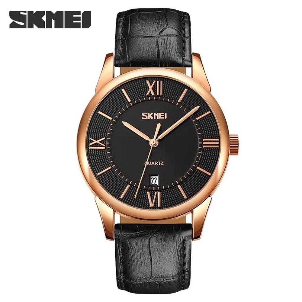 Reloj Skmei 9261 Oro Rosa Correa negra de cuero.