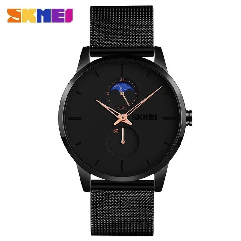 Reloj Skmei 9208 Fase Lunar Correa acero agujas oro rosa.