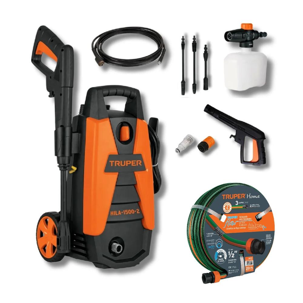 Hidrolavadora Eléctrica Portatil 1400W 1500PSI 102095 + Manguera 20 mt 16052 TRUPER