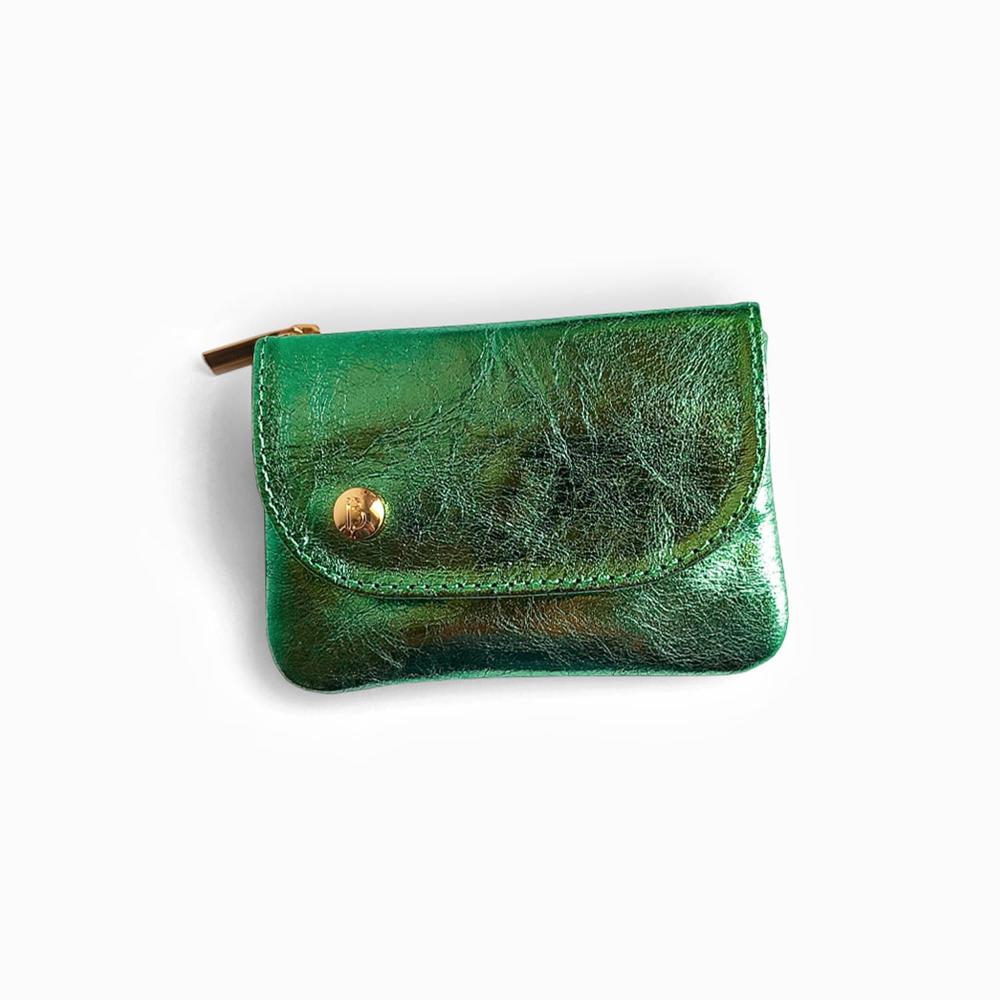 MONEDERO TARJETERO DE CUERO IRISABA SERENA VERDE METALIZADO
