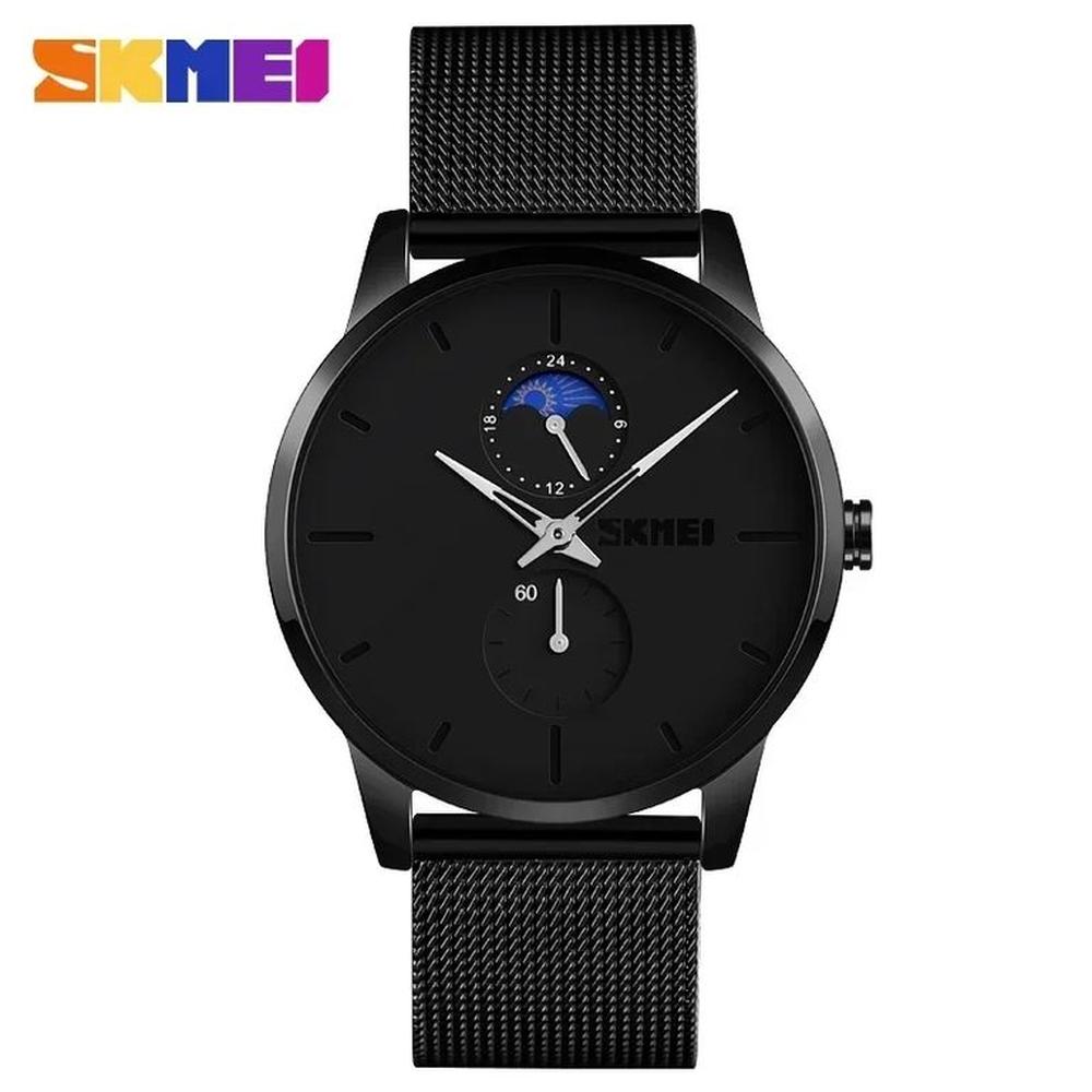 Reloj Skmei 9208 Fase Lunar Correa acero agujas blancas.