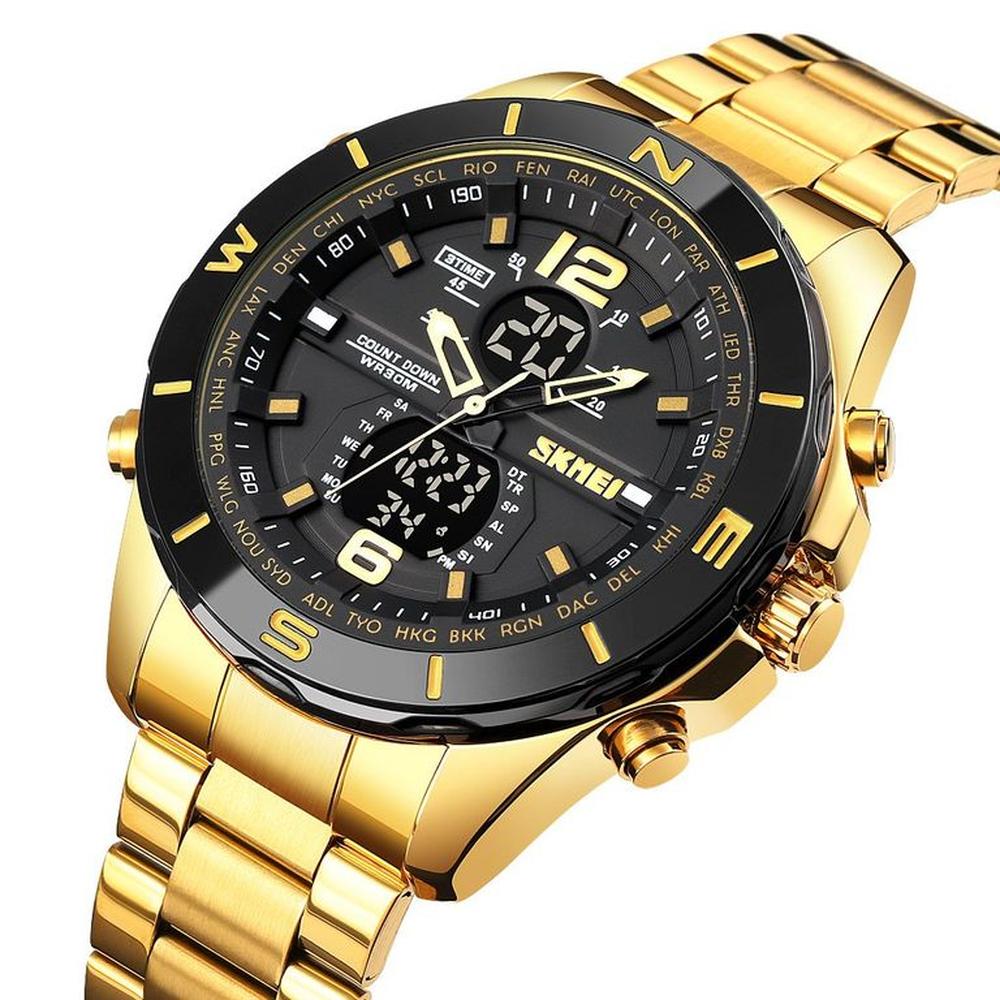 Reloj Skmei 1670 Dorado Fondo negro Analogico Digital.