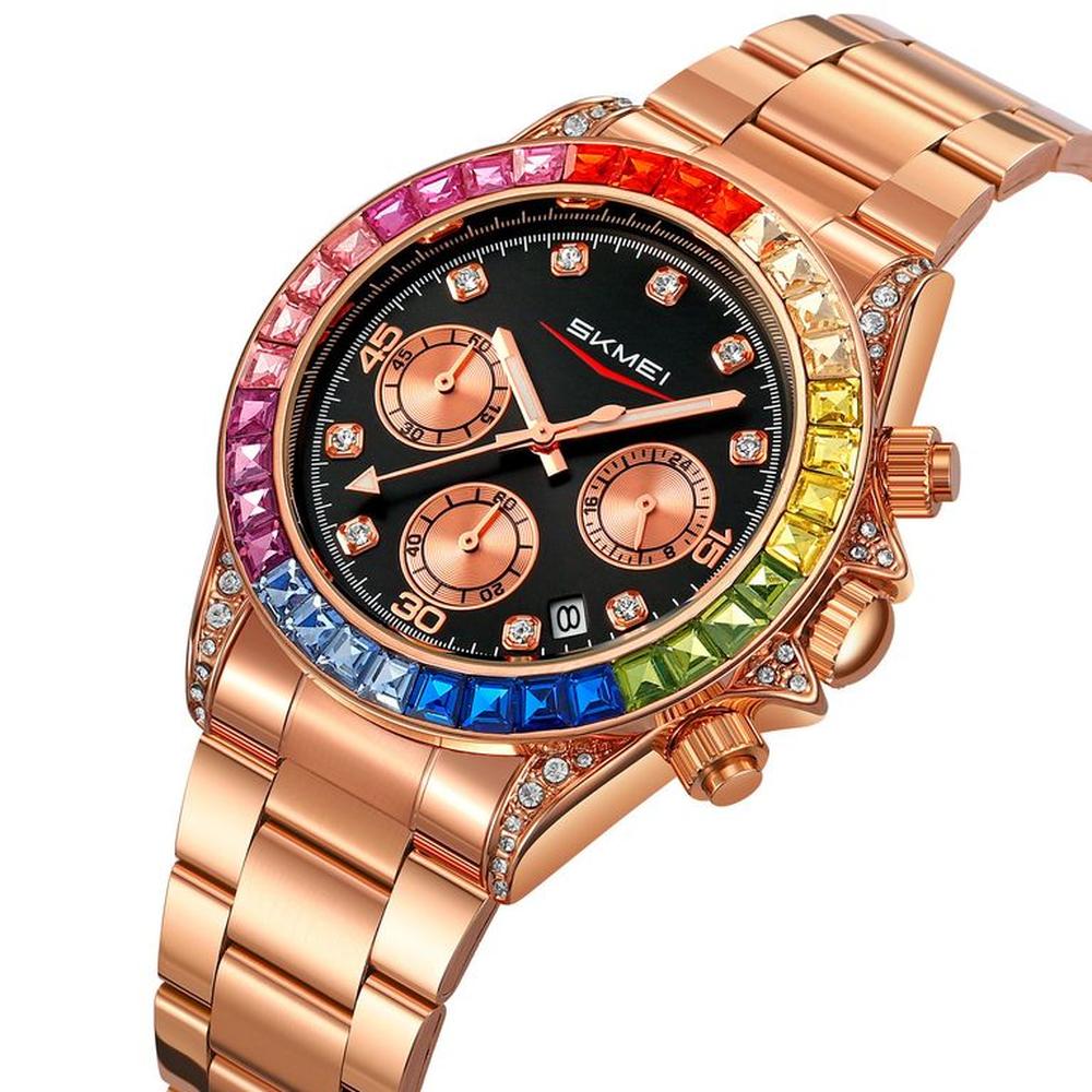 Reloj Skmei 2352 Oro Rosa Fondo negro bordes Multicolor Cronómetro