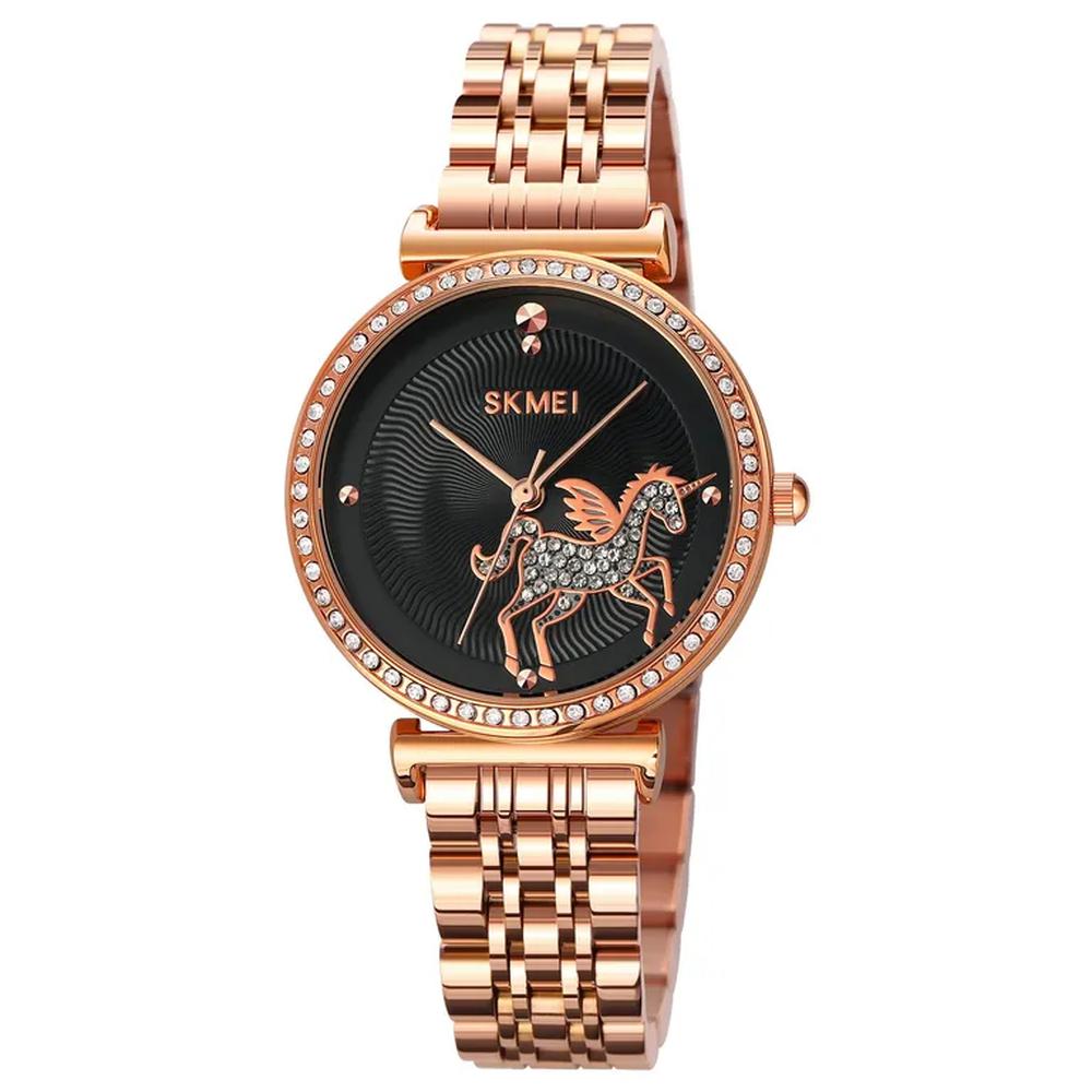 RELOJ SKMEI 1686 ORO ROSA FONDO NEGRO CORREA ACERO