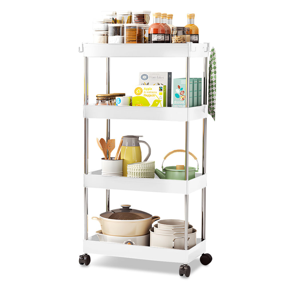 Carrito Organizador Elegante 4 Niveles con Colgadores para Cocina Blanco AJ8