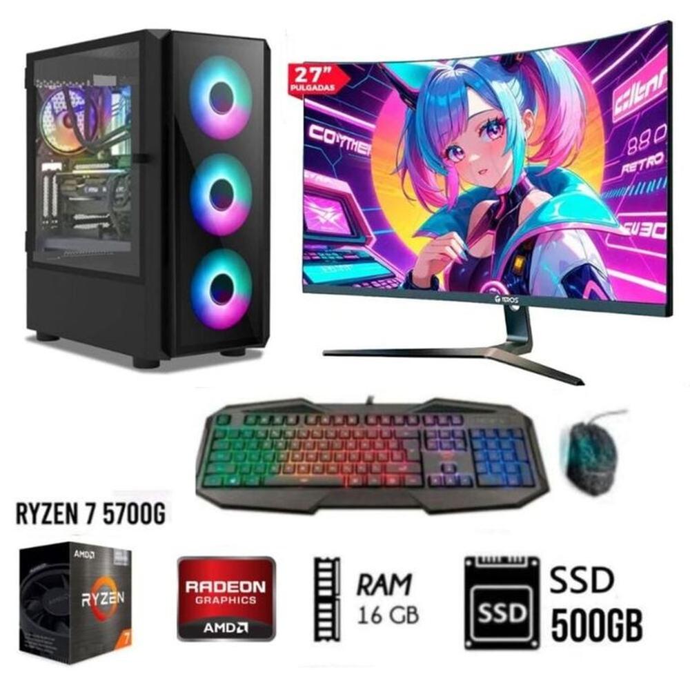 Computadora PC Gamer RYZEN 7-5700G  Ram16GB  Disco SSD 500GB  Monitor 27FHD