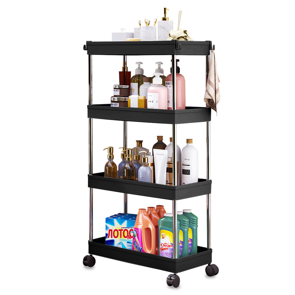 Carrito Organizador Elegante 4 Niveles con Colgadores para Baño Negro AJ8