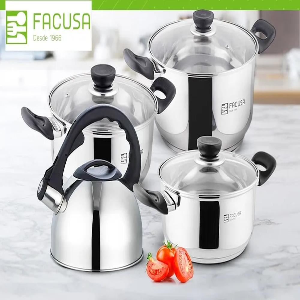 Juego de Ollas con tapa de vidrio + Tetera Acero Inoxidable 7 piezas