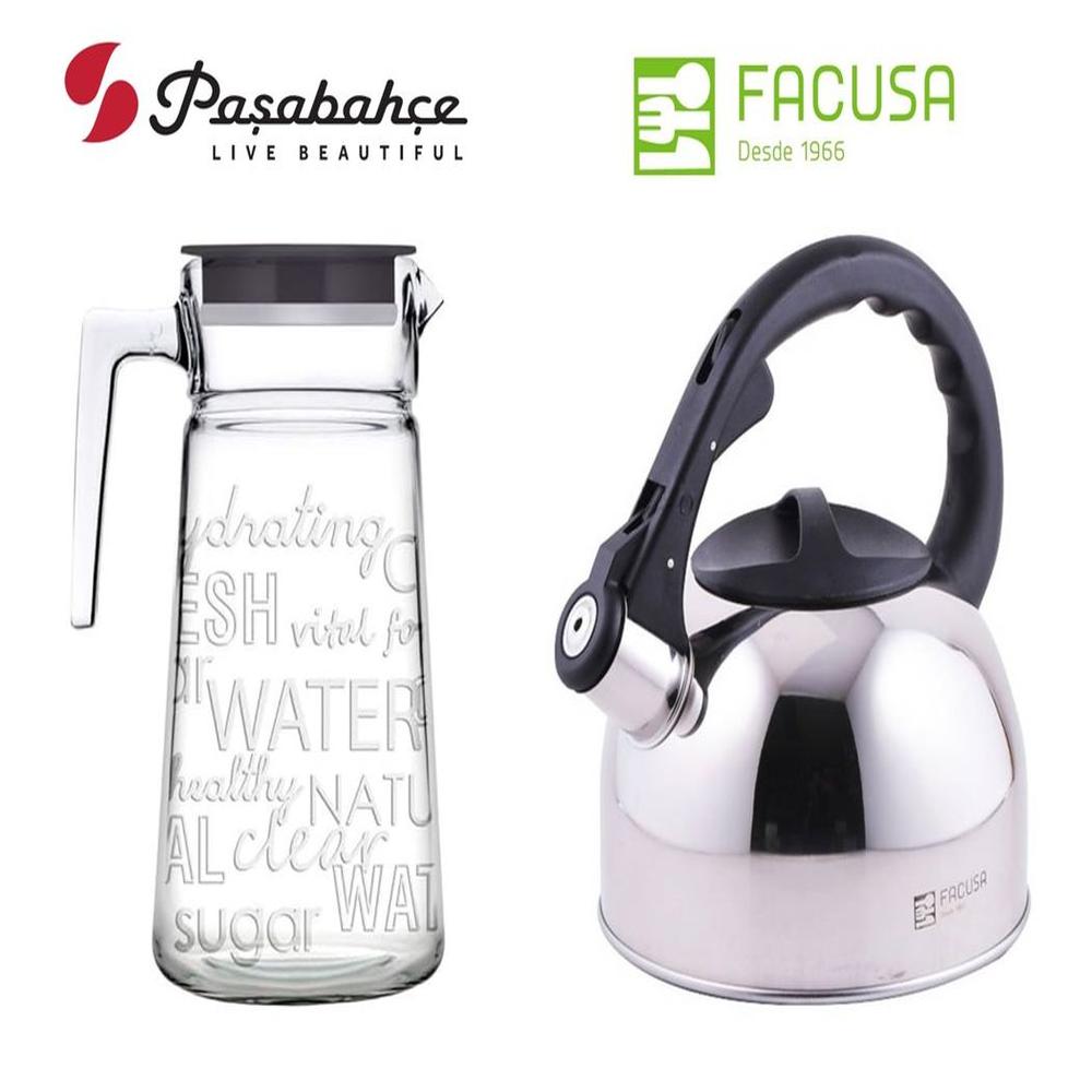 Jarra con Tapa Pasabahce Vidrio Turco y Tetera Acero Inoxidable Facusa