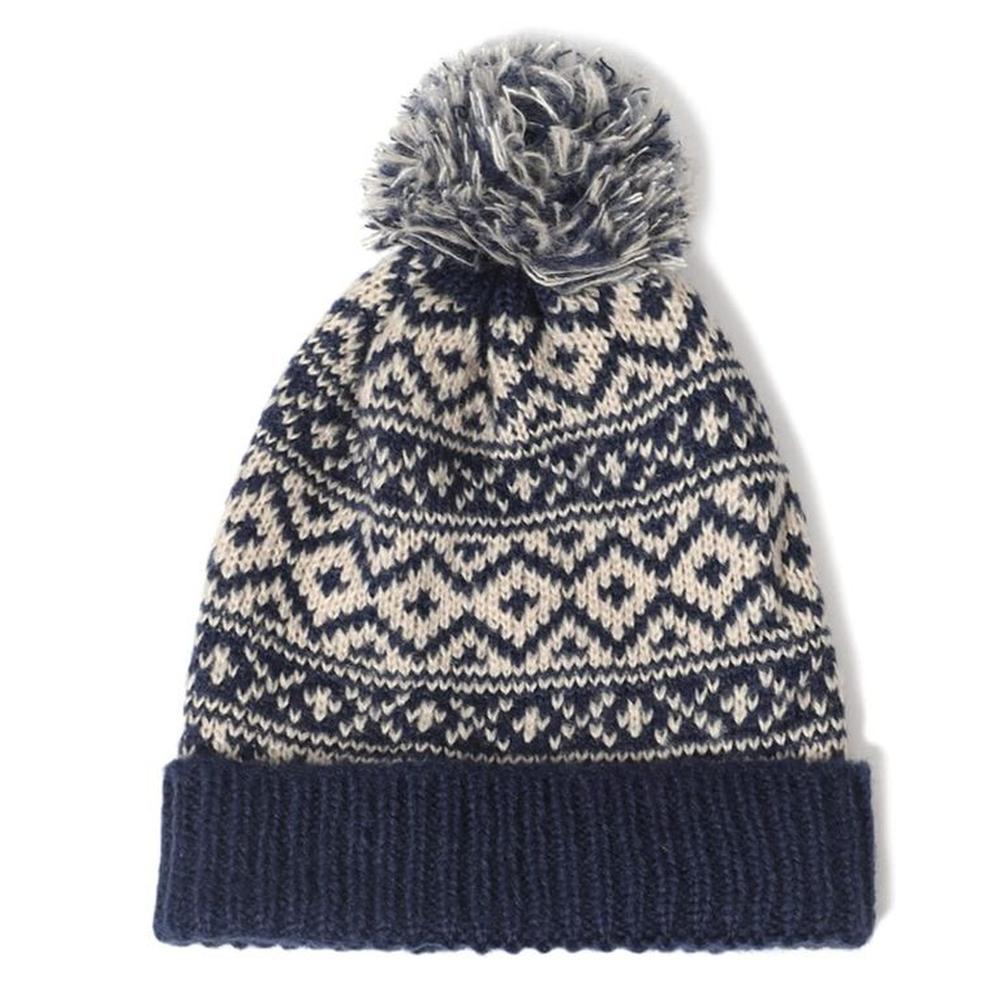 Gorro Beanie Bawei Azul Crema de Lana Suave con Pompon