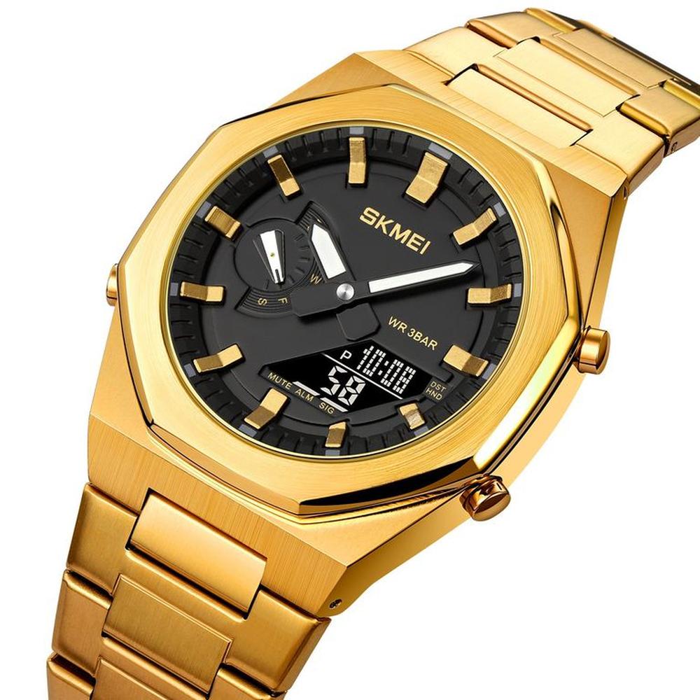Reloj Skmei 1816 Dorado Fondo negro Analogico Digital Hora Mundial.