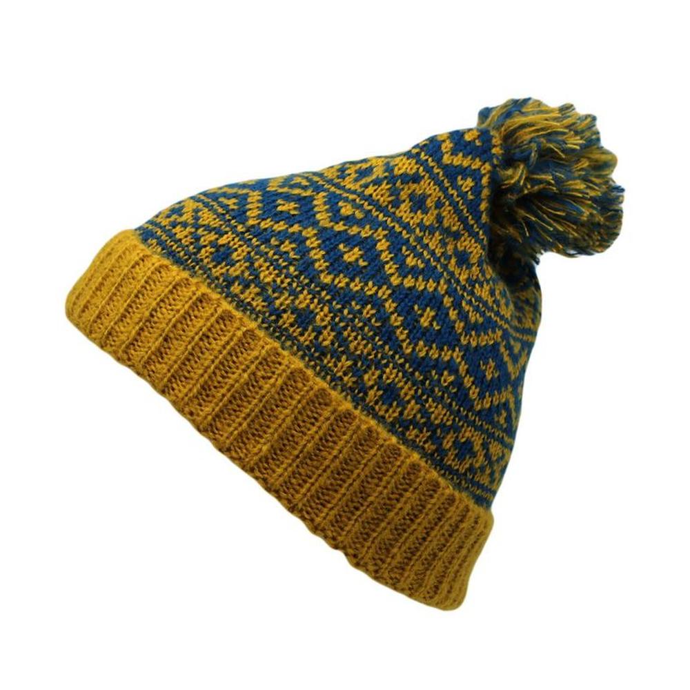 Gorro Beanie Bawei Lana Suave con Pompon Amarillo con turquesa