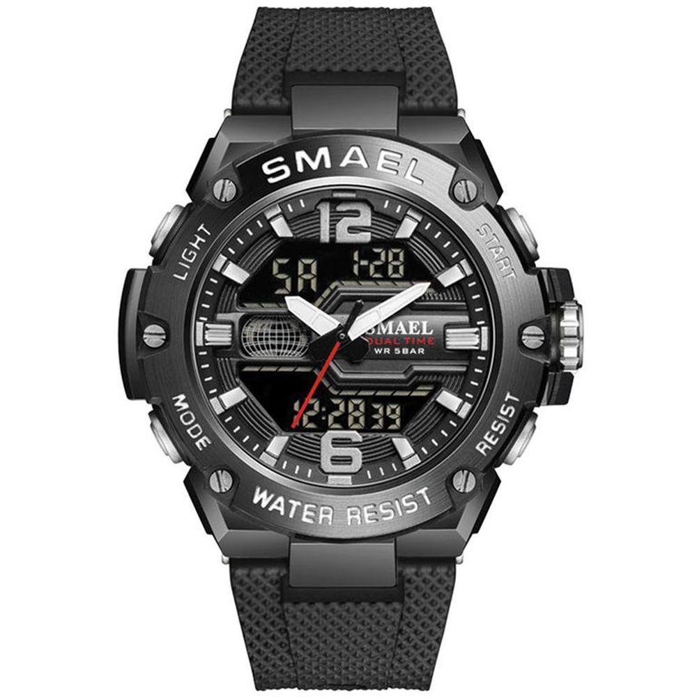 Reloj Smael 8033 Negro Detalles Blancos Correa Silicona Dual Time