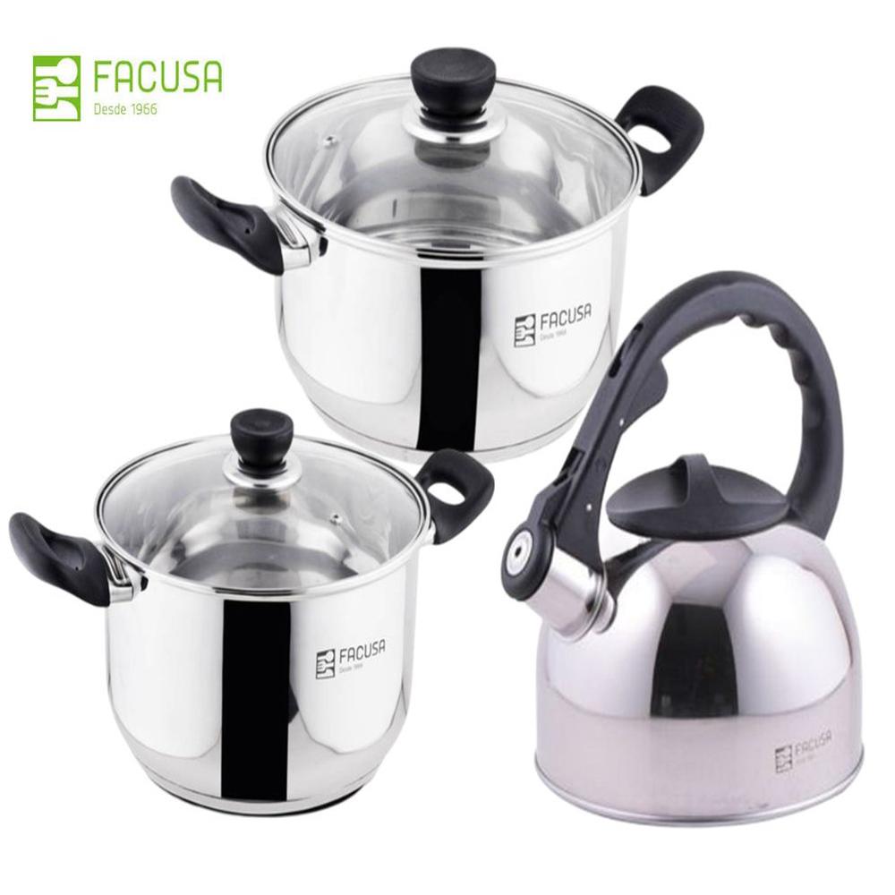 Juego de Ollas con tetera -5 piezas Acero Inoxidable con tapa de Vidrio Facusa