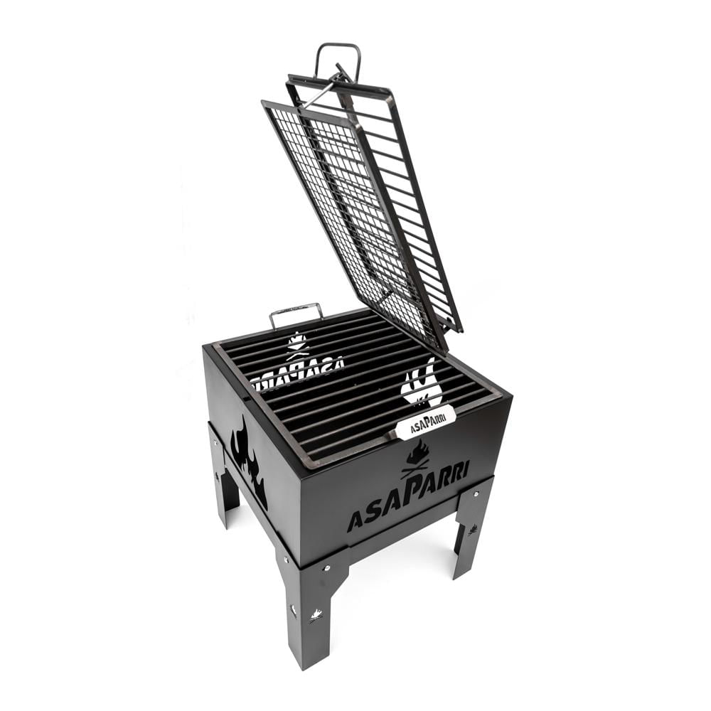 Parrila a Carbón Leña Fogonero Xl con Asador y Chapón Hierro Fundido