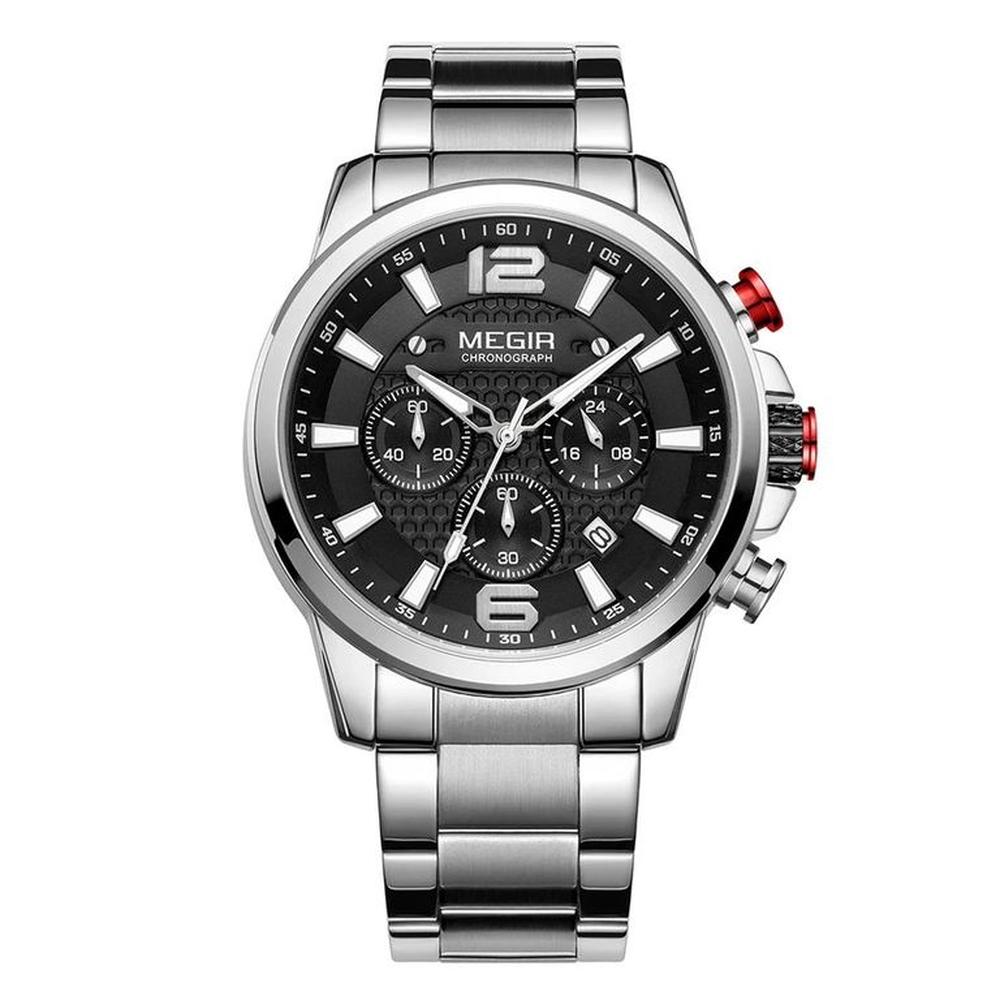 RELOJ HOMBRE MEGIR 2156G PLATEADO FONDO NEGRO CON CRONOGRAFO