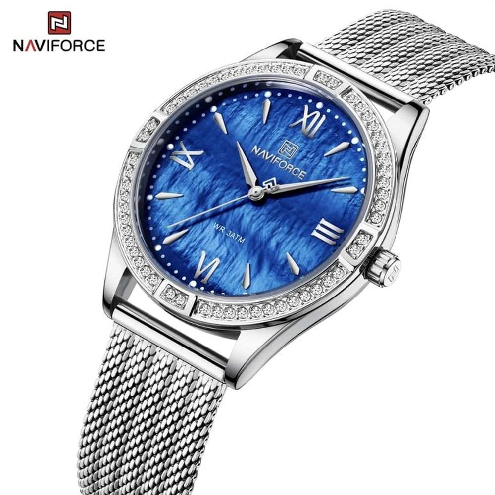 Reloj Naviforce 5028 Correa Acero  Fondo Azul Para Dama