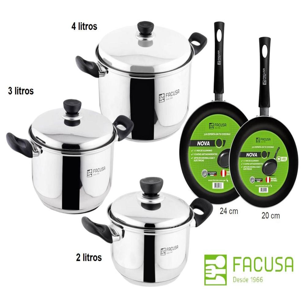 Juego de Ollas 6 piezas Acero Inoxidable Facusa con 2 sartenes