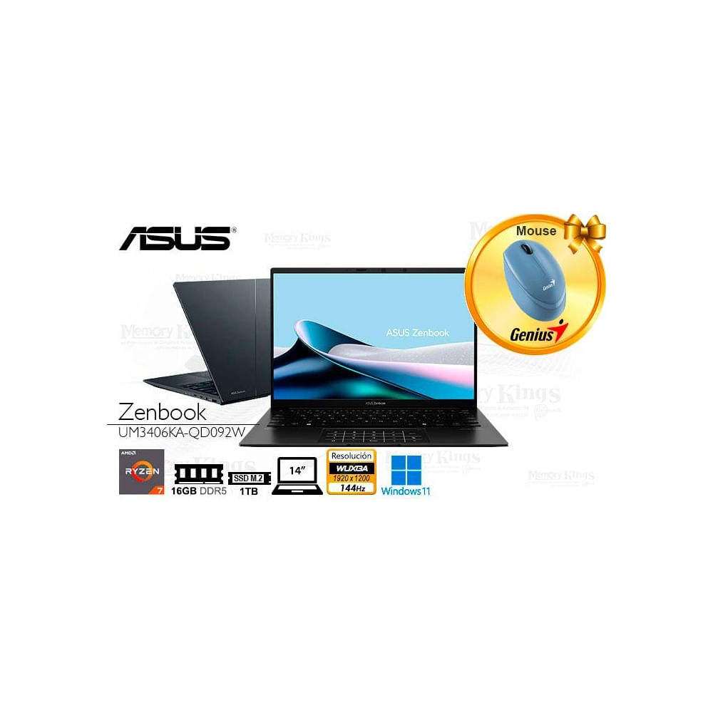 Laptop ASUS Zenbook 14, Ryzen 7, 16GB RAM, 1TB SSD, Radeon, Windows 11, 14"" FHD, portátil ligero