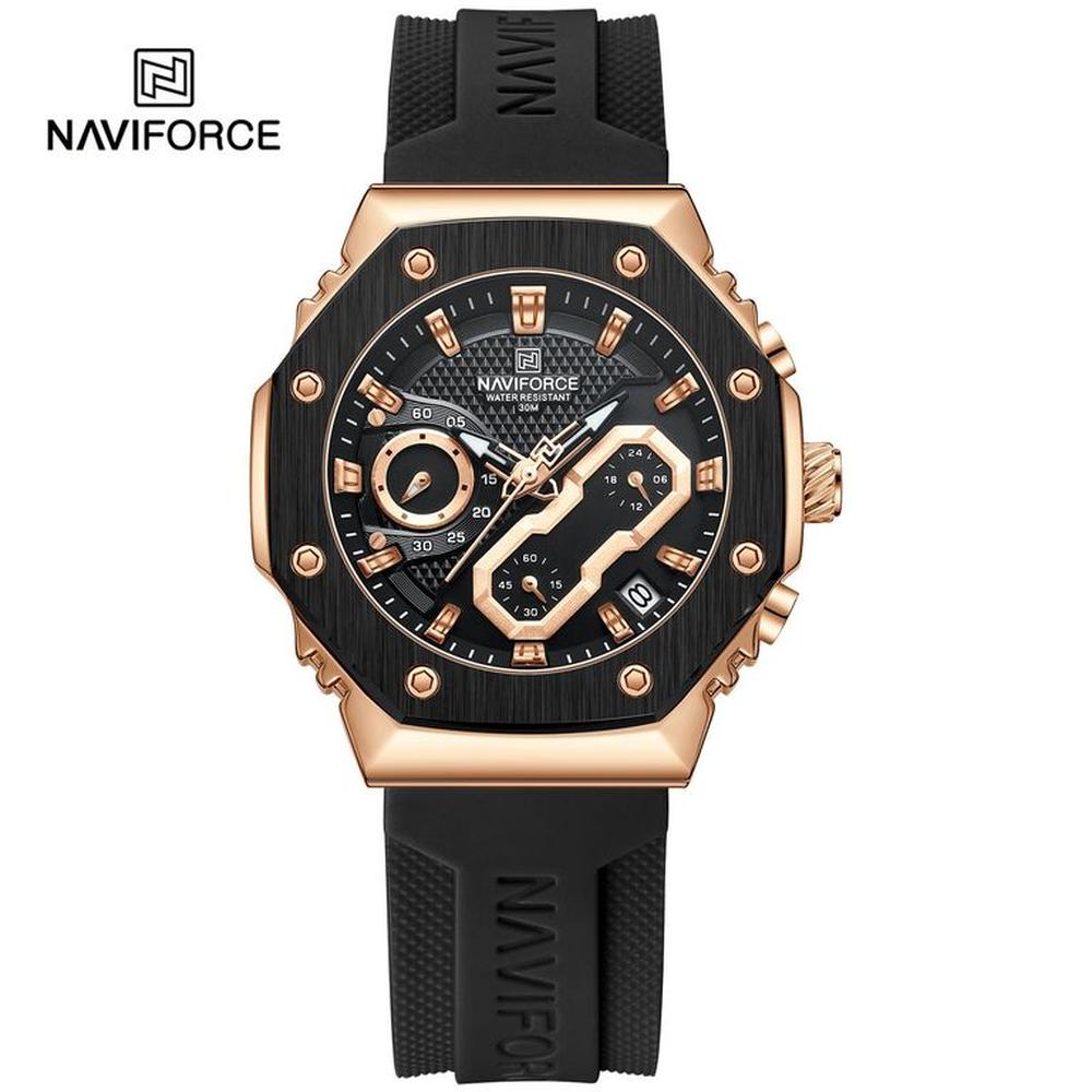 Reloj Naviforce 8035 Bordes Oro Rosa Correa Negra
