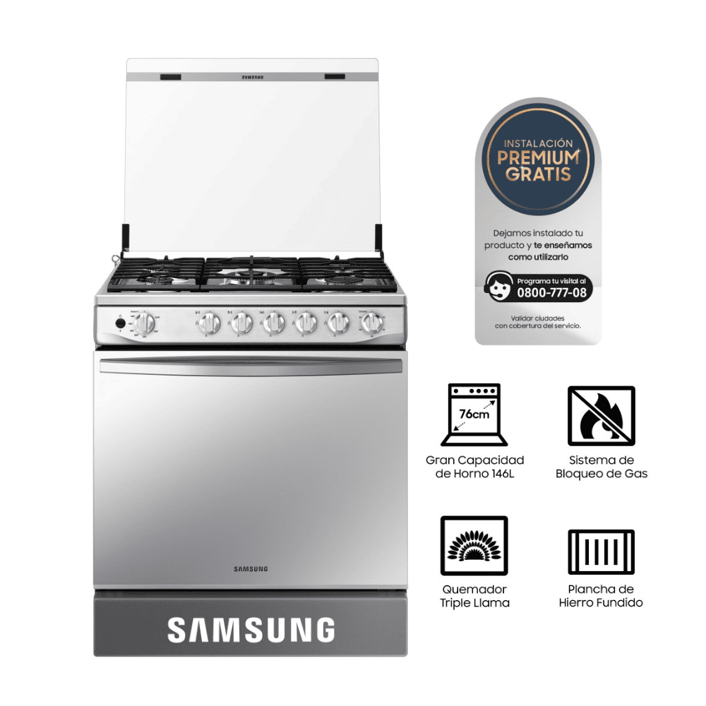 Cocina de Pie a Gas Samsung 5 hornillas con Plancha y Grill NX52T7322PSPE Cocina de Pie a Gas Samsung 5 hornillas con Plancha y Grill NX52T7322PSPE