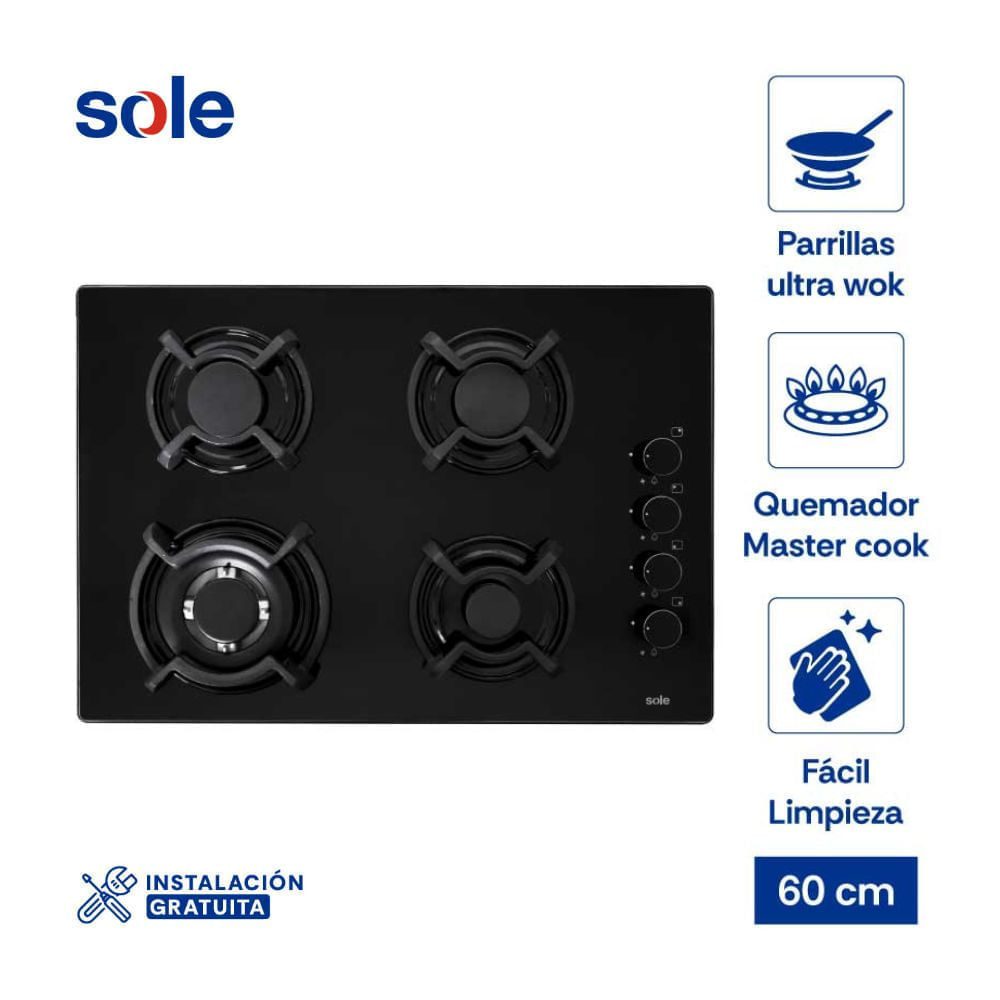 Cocina Encimera Vidrio Templado Sole SOLCO047V3 Negro a Gas 65cm