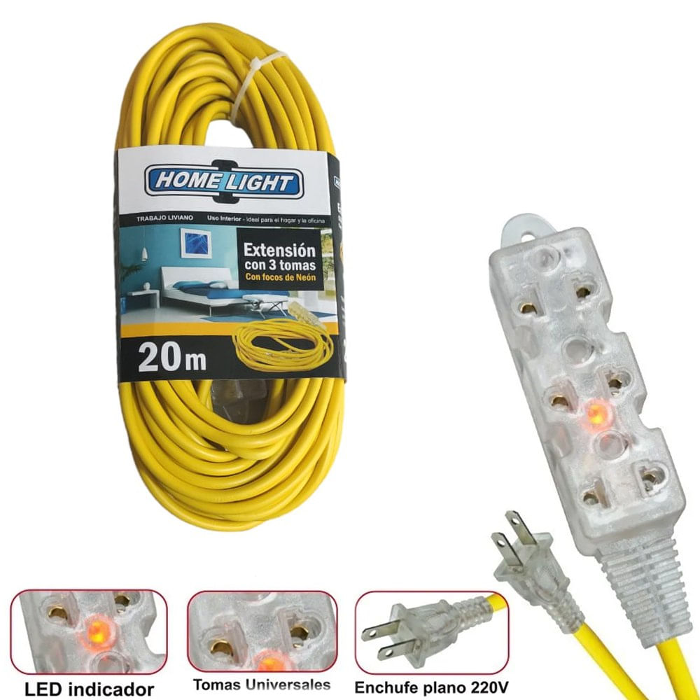 Extensión Eléctrica Cable Vulcanizado de 3 Tomas 20 Metros HOME LIGHT
