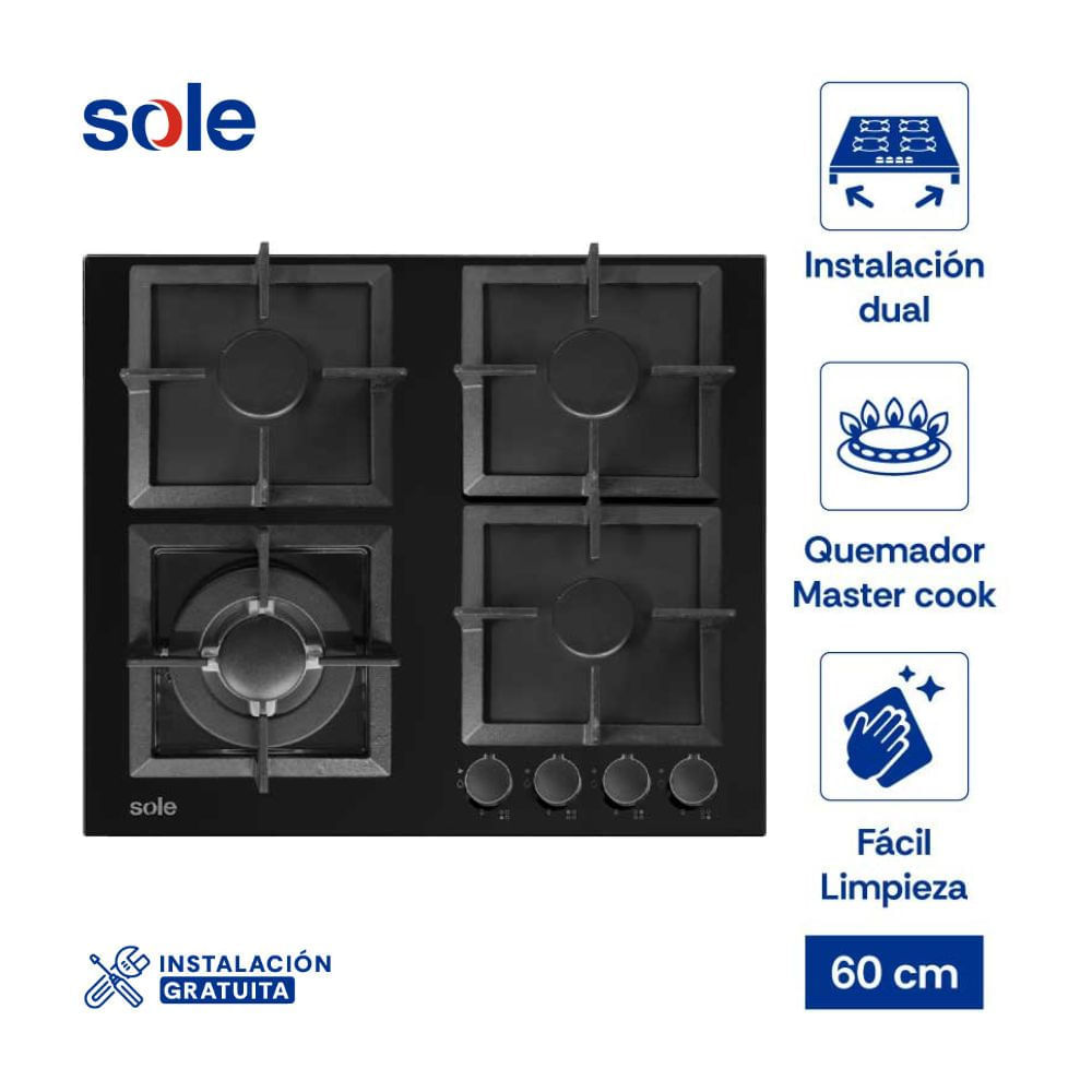 Cocina Encimera Vidrio Templado Sole Solco 070 Negro a Gas 60cm