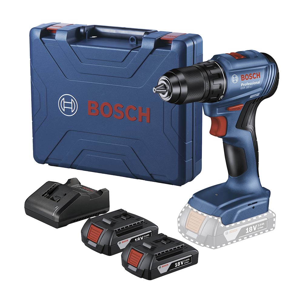 Atornillador GSR 185-LI + 2 Baterías + Cargador + Maleta Bosch Atornillador GSR 185-LI + 2 Baterías + Cargador + Maleta Bosch