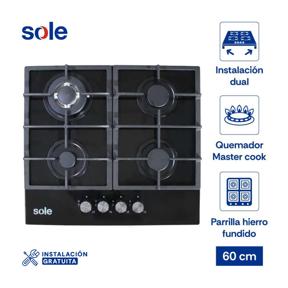 Cocina Encimera Vidrio Templado Sole SOLCO045 Negro a Gas 60cm Cocina Encimera Vidrio Templado Sole SOLCO045 Negro a Gas 60cm