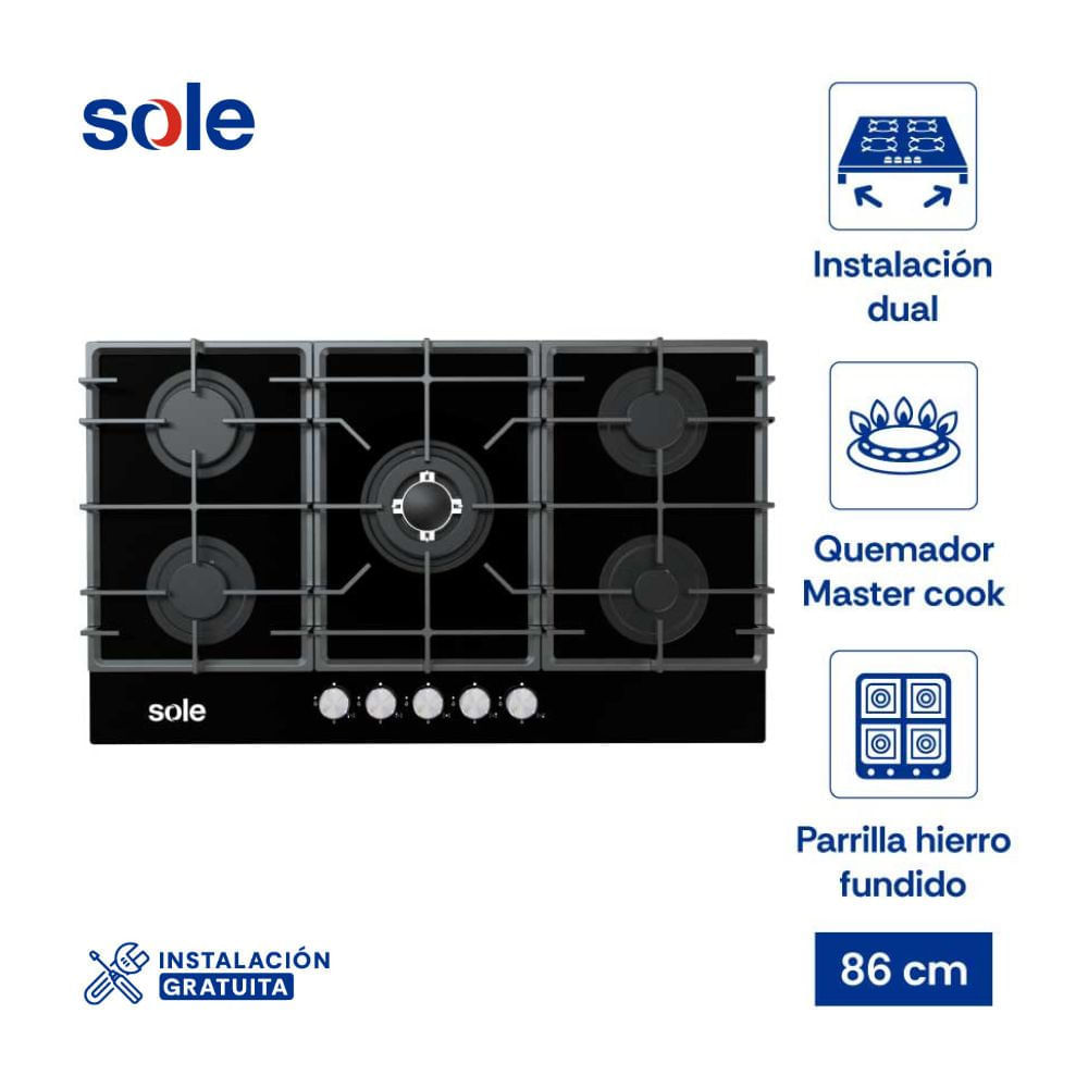 Cocina Encimera de Vidrio Templado Sole SOLCO046 Negro 86cm 5 hornillas Cocina Encimera de Vidrio Templado Sole SOLCO046 Negro 86cm 5 hornillas