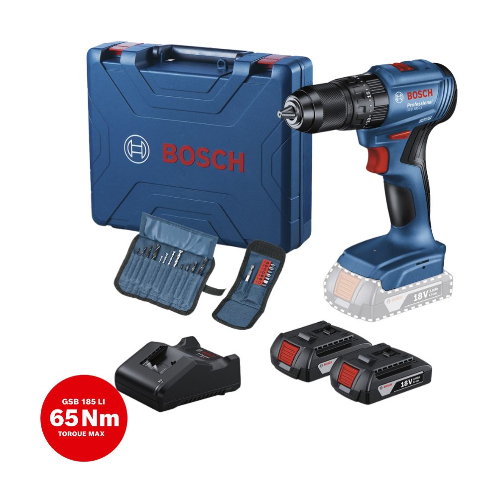 Taladro percutor 1/2" Bosch GSB 185-LI 18V 2 baterías, 23 accesorios y maletín