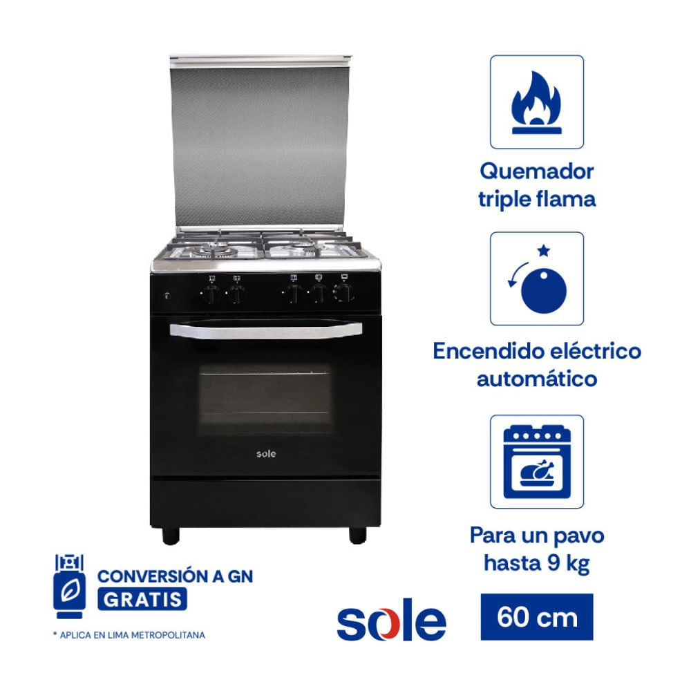Cocina de Pie a Gas Sole Cartagena 4 hornillas Acero Inoxidable 60cm Negro